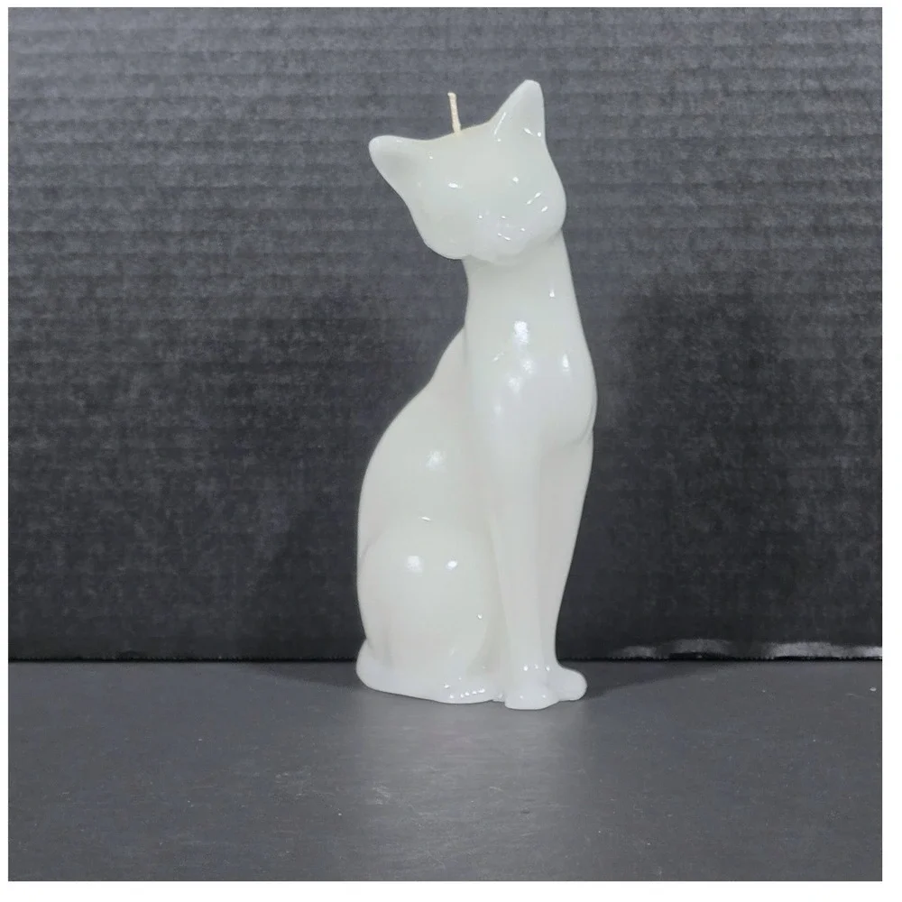Sitting Cat Figural Candle White Wax MCM‎ Style Animal Decor 8.5 Inch